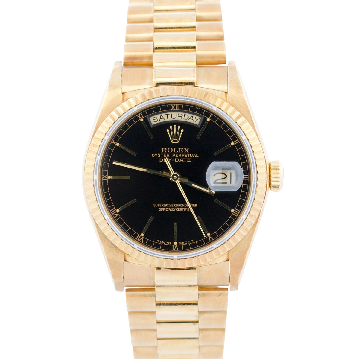 1986 Rolex Day-Date President 18038 Black Fluted 18K Yellow Gold 36mm Watch