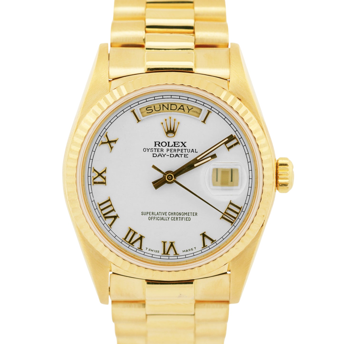 1986 Rolex Day-Date President WHITE ROMAN 36mm 18K Yellow Gold 18038 Watch