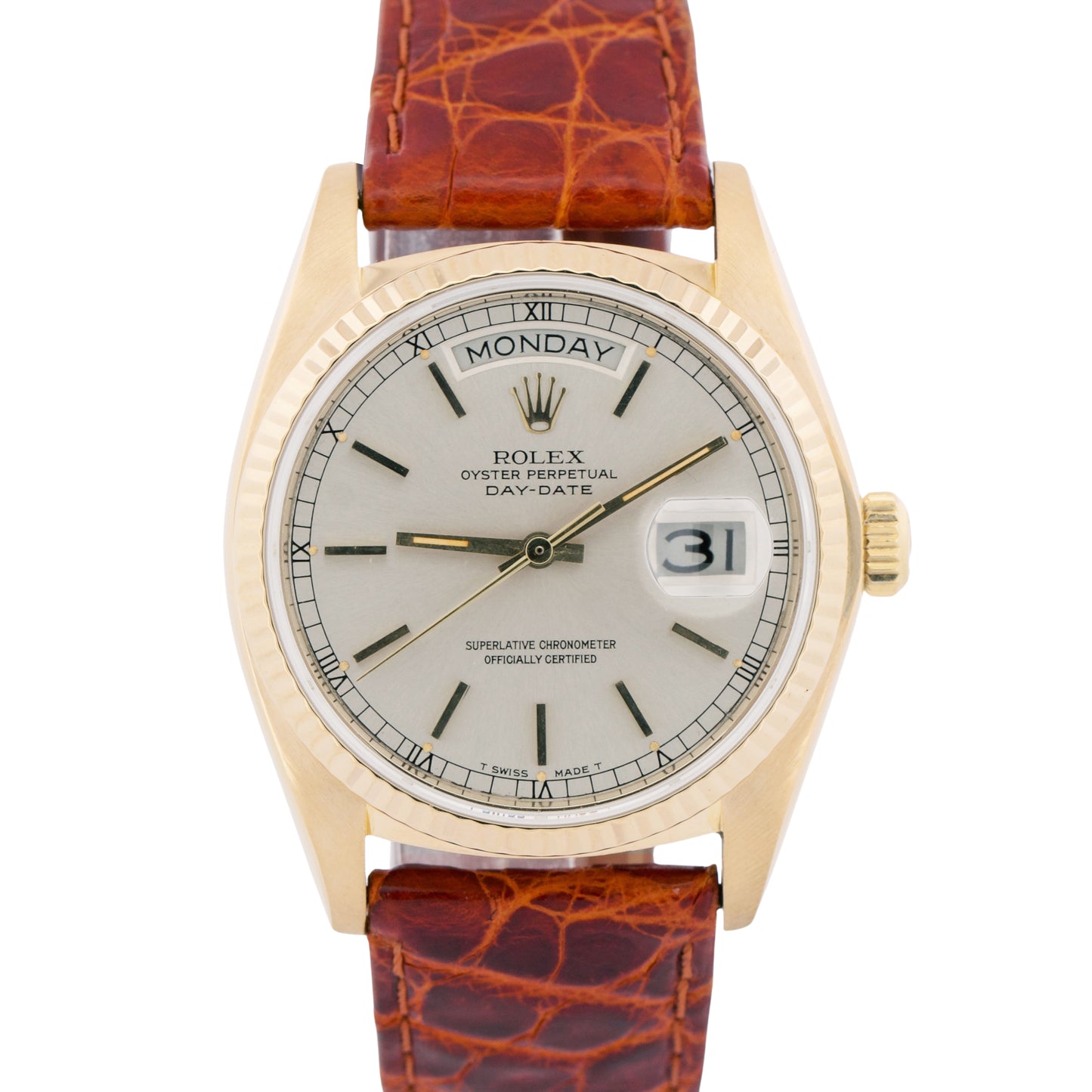 PAPERS Rolex Day-Date SILVER 18K Yellow Gold Fluted Brown Leather 36mm 18038 BOX