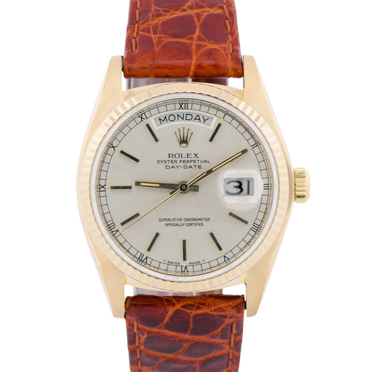 PAPERS Rolex Day-Date SILVER 18K Yellow Gold Fluted Brown Leather 36mm 18038 BOX