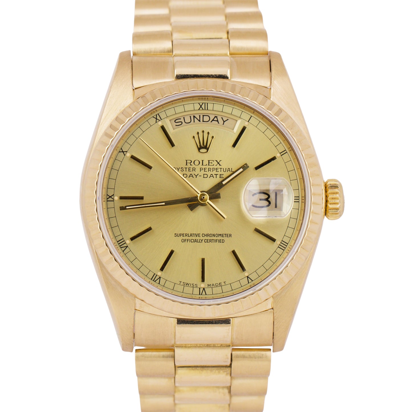 1987 Rolex Day-Date President 36mm Champagne 18K Yellow Gold Fluted Watch 18038