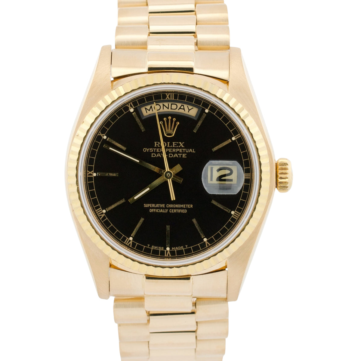 1981 Rolex Day-Date President 18038 Black Fluted 18K Yellow Gold 36mm Watch