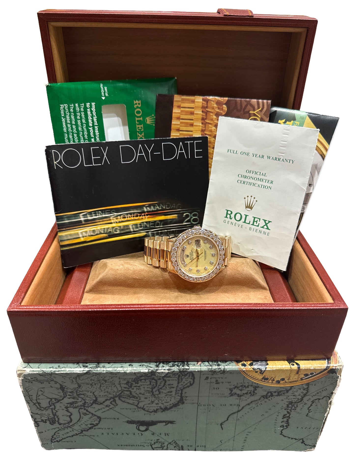 1983 PAPERS Rolex Day-Date President MOP DIAMOND 18K Yellow Gold 36mm 18038 BOX