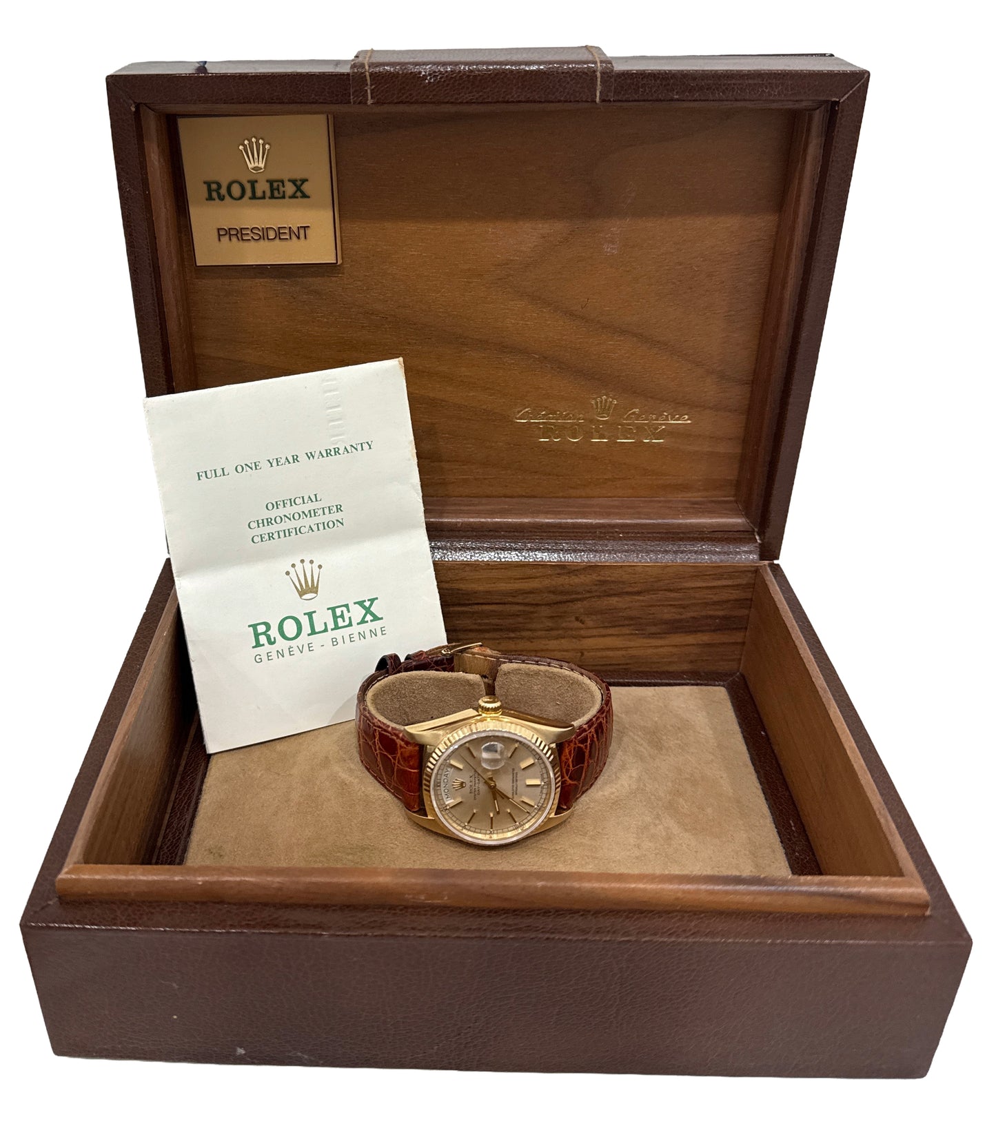 PAPERS Rolex Day-Date SILVER 18K Yellow Gold Fluted Brown Leather 36mm 18038 BOX