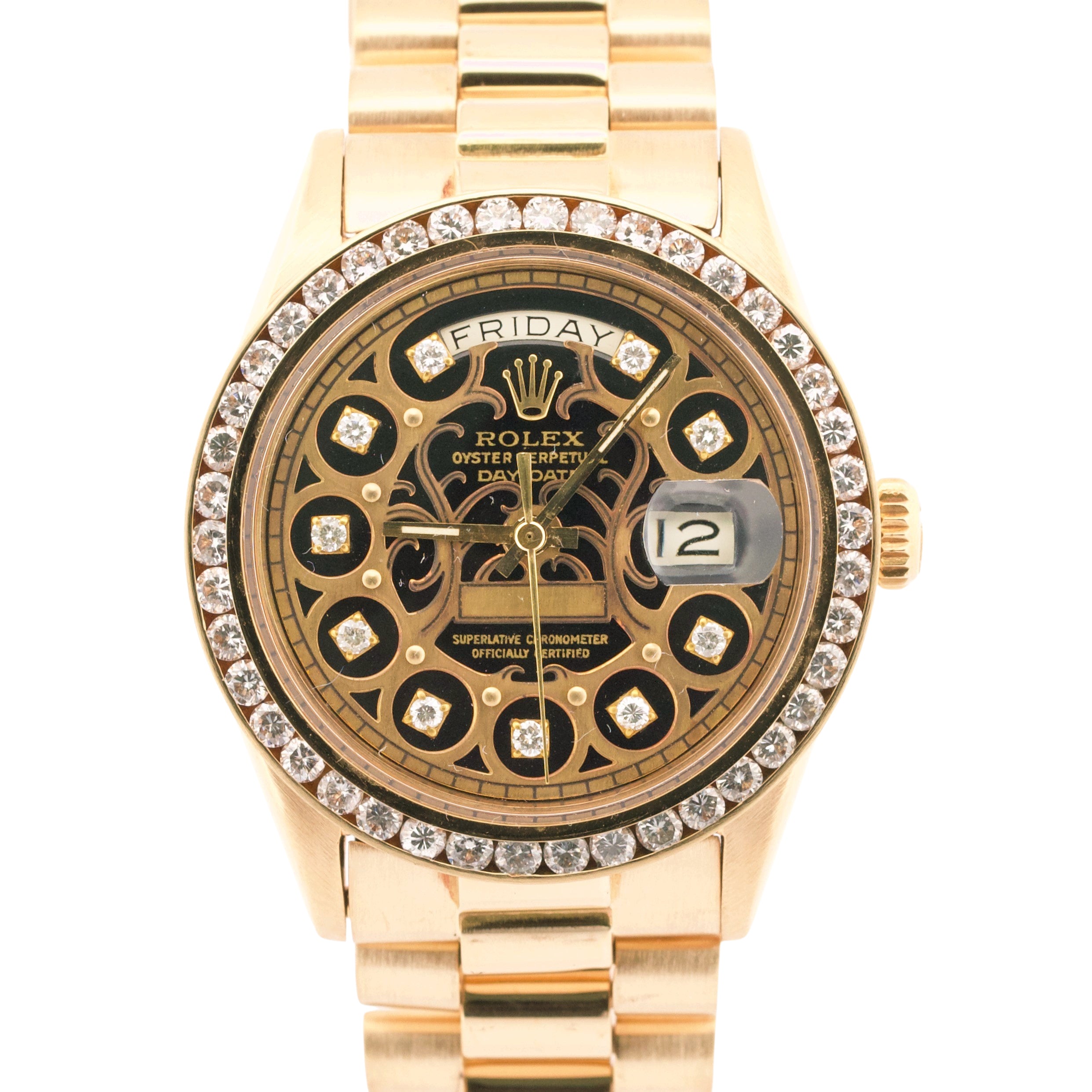 1971 Rolex Day-Date President 36mm ORNATE BLACK DIAMOND 18K Yellow Gold 1803