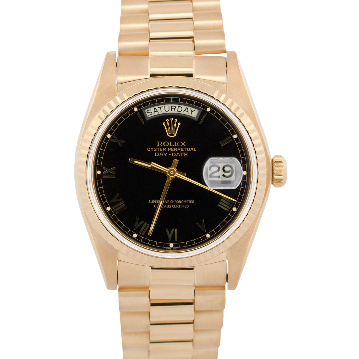 1979 Rolex Day-Date President 18048 Black Roman 36mm 18K Gold Fluted Watch