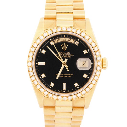 Rolex Day-Date President 36mm BLACK DIAMOND BEZEL 18K Yellow Gold 18048 BOX