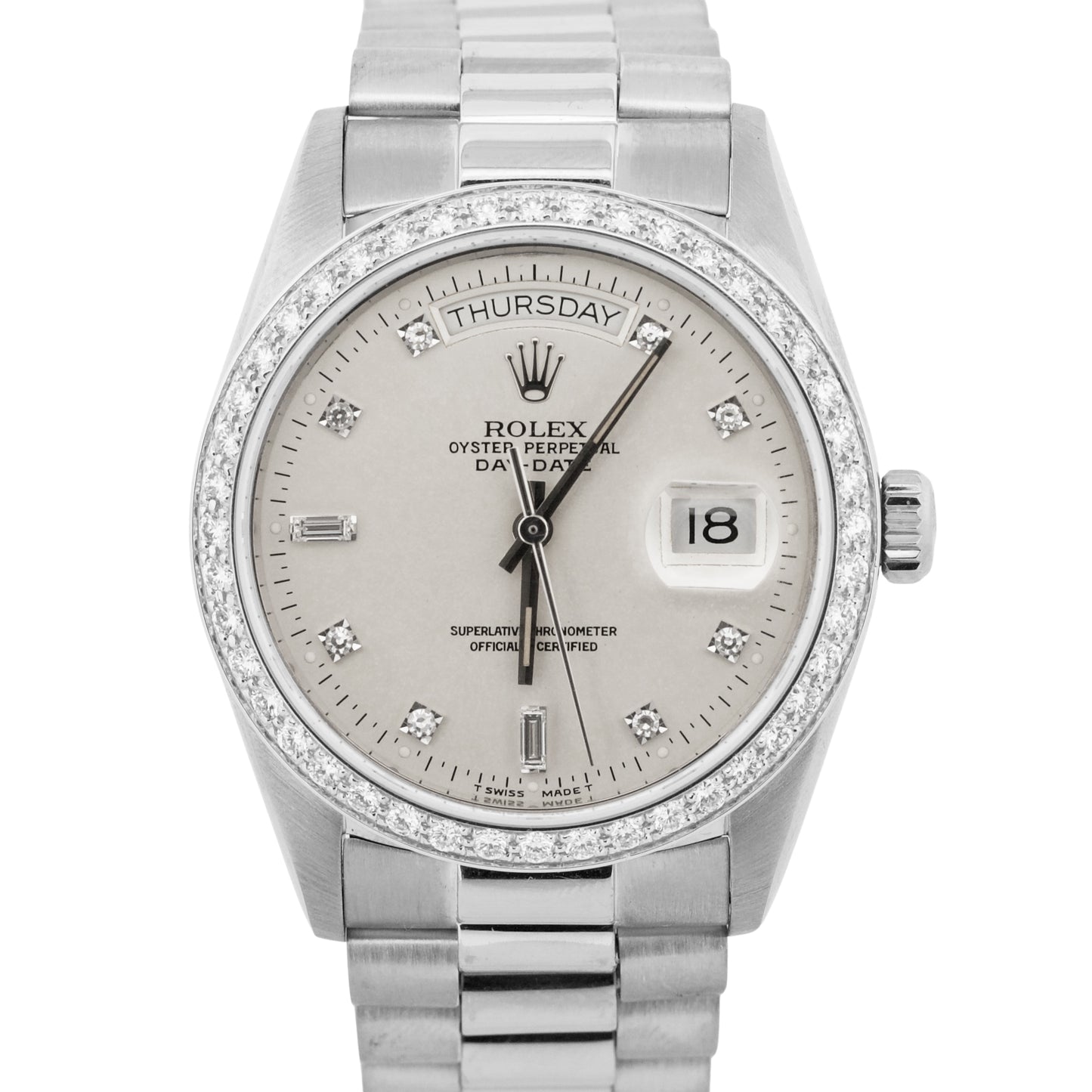 Rolex Day-Date President Silver FACTORY DIAMOND BEZEL 36mm 18K White Gold 18049