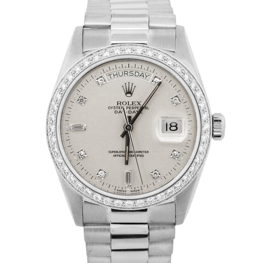 Rolex Day-Date President Silver FACTORY DIAMOND BEZEL 36mm 18K White Gold 18049