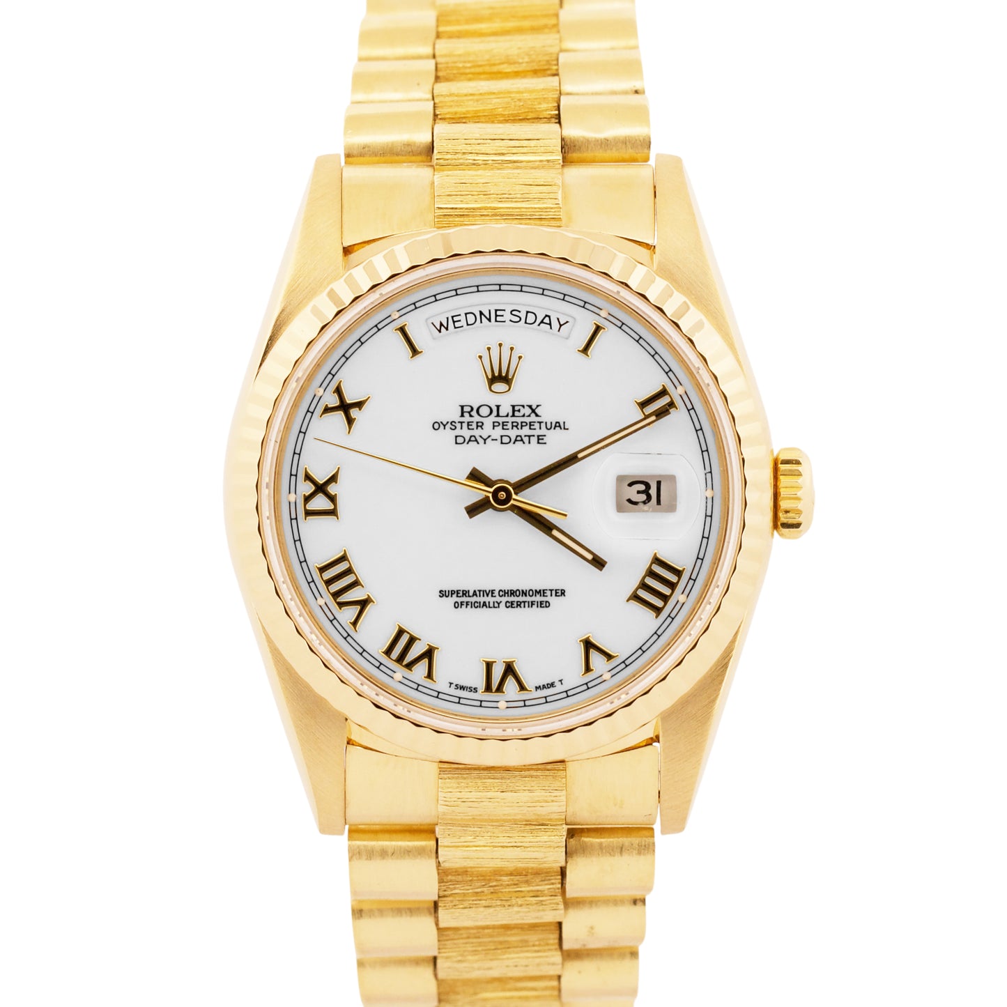 1979 Rolex Day-Date President 36mm WHITE ROMAN BARK 18K Yellow Gold Fluted 18078
