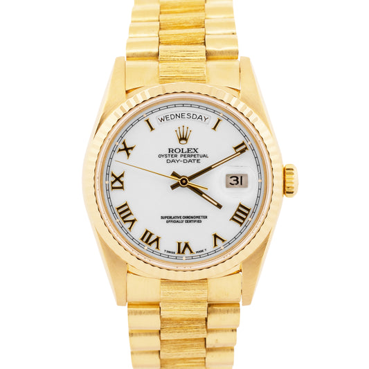 1979 Rolex Day-Date President 36mm WHITE ROMAN BARK 18K Yellow Gold Fluted 18078