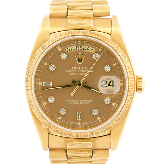 PAPERS Rolex Day-Date President 36mm BROWN DIAMOND 18K Gold BARK 18078 BOX