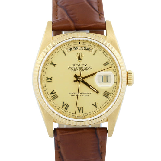 Rolex Day-Date FLAT CHAMPAGNE ROMAN 18K Yellow Gold Fluted Leather 36mm 18238