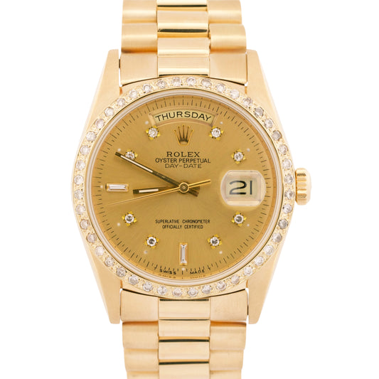 1991 Rolex Day-Date President 18238 Champagne Diamond Bezel 36mm 18K Yellow Gold