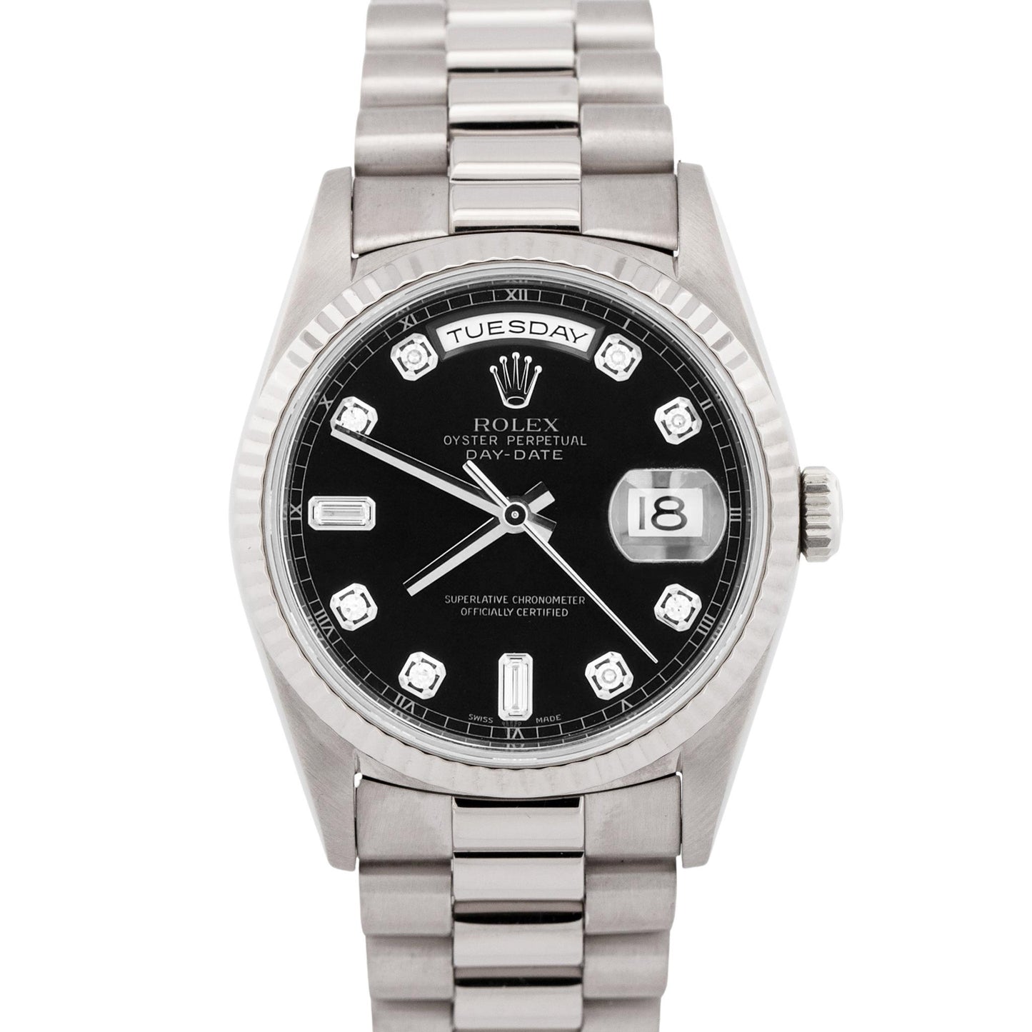 Rolex Day-Date President BLACK DIAMOND 18K White Gold Silver 36mm Watch 18239