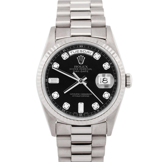 Rolex Day-Date President BLACK DIAMOND 18K White Gold Silver 36mm Watch 18239