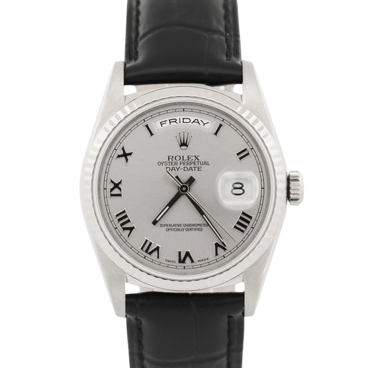 1999 Rolex Day-Date 36mm SILVER ROMAN 18K White Gold Fluted Leather Watch 18239