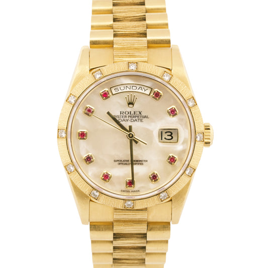 PAPERS Rolex Day-Date President MOP RUBY 18K Gold DIAMOND BARK 36mm 18308 BOX