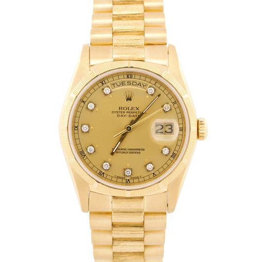 Rolex Day-Date President CHAMPAGNE DIAMOND 18K Yellow Gold BARK 36mm 18308 Watch