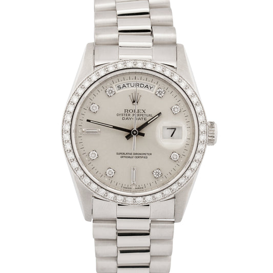 Rolex Day-Date President FACTORY SILVER DIAMOND 36mm 950 Platinum Watch 18346