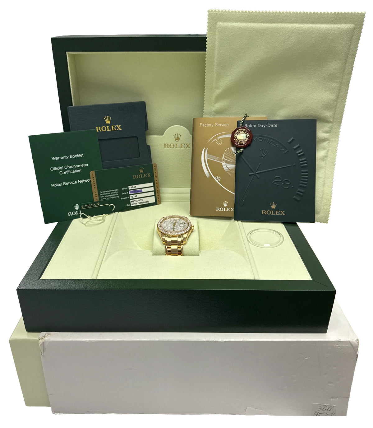 New Stickered Rolex Day-Date Pearlmaster 18948 Meteorite Diamond NOS Box Papers