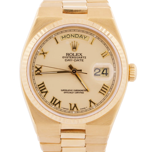 VINTAGE Rolex OysterQuartz Day-Date CREAM ROMAN 36mm 18K Yellow Gold Watch 19018