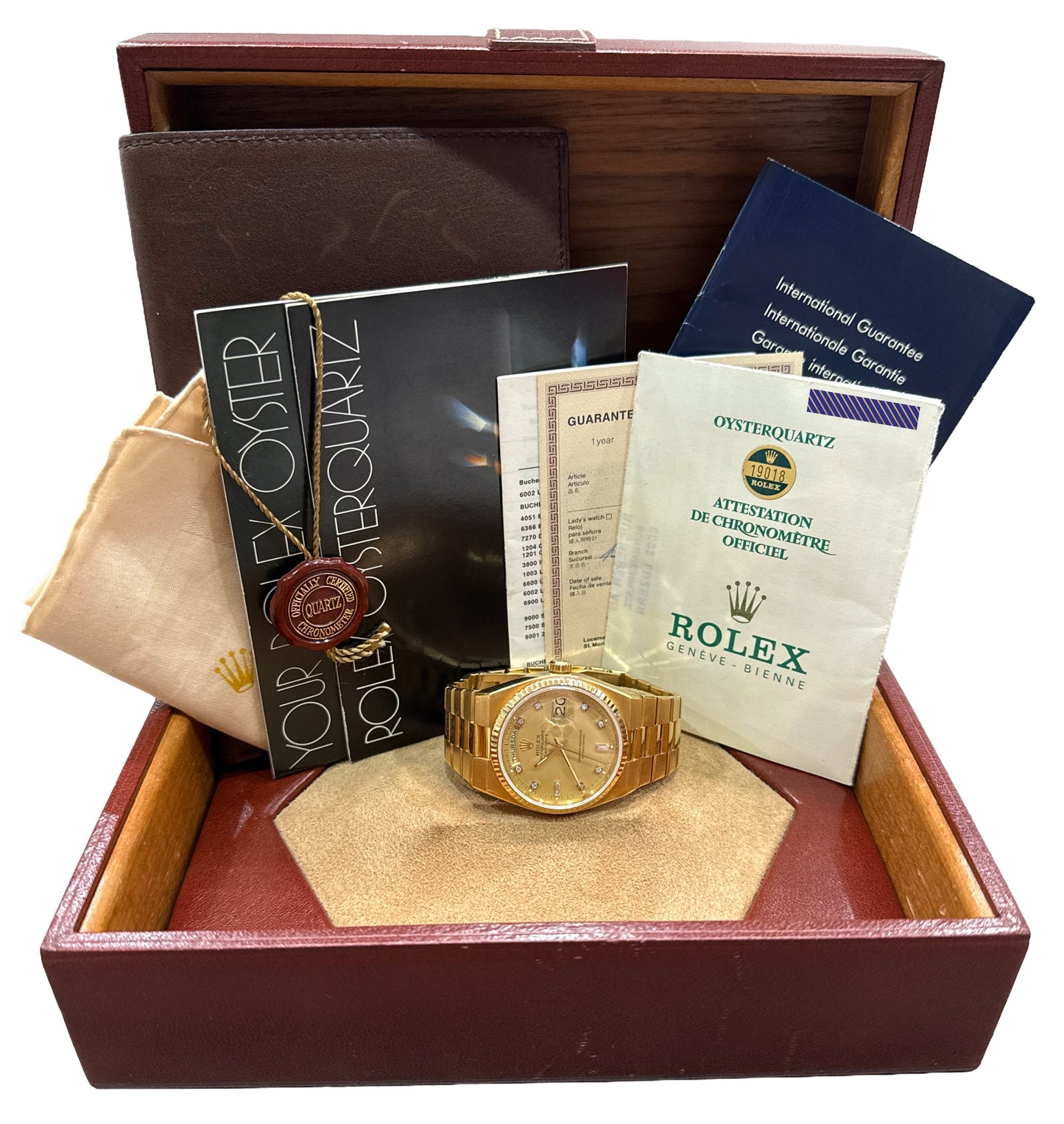 1984 PAPERS Rolex OysterQuartz Day-Date President CHAMPAGNE DIAMOND 19018 BOX