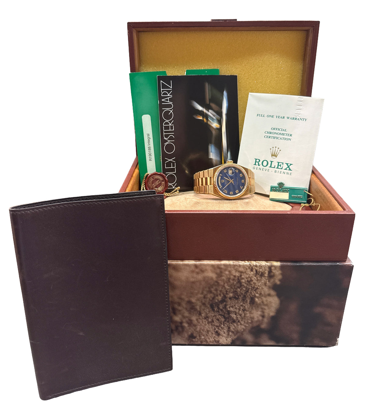 Rolex OysterQuartz Day-Date 18K Factory Blue Computer Arabic 19018 Box Papers