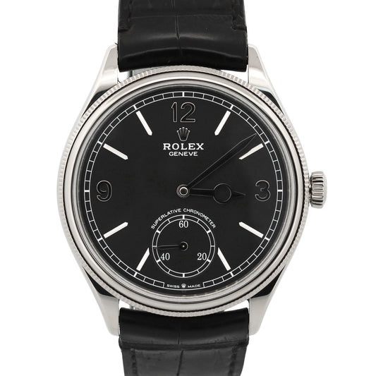 Rolex 1908 18K White Gold BLACK 39mm Leather Automatic Fluted 52509 Watch