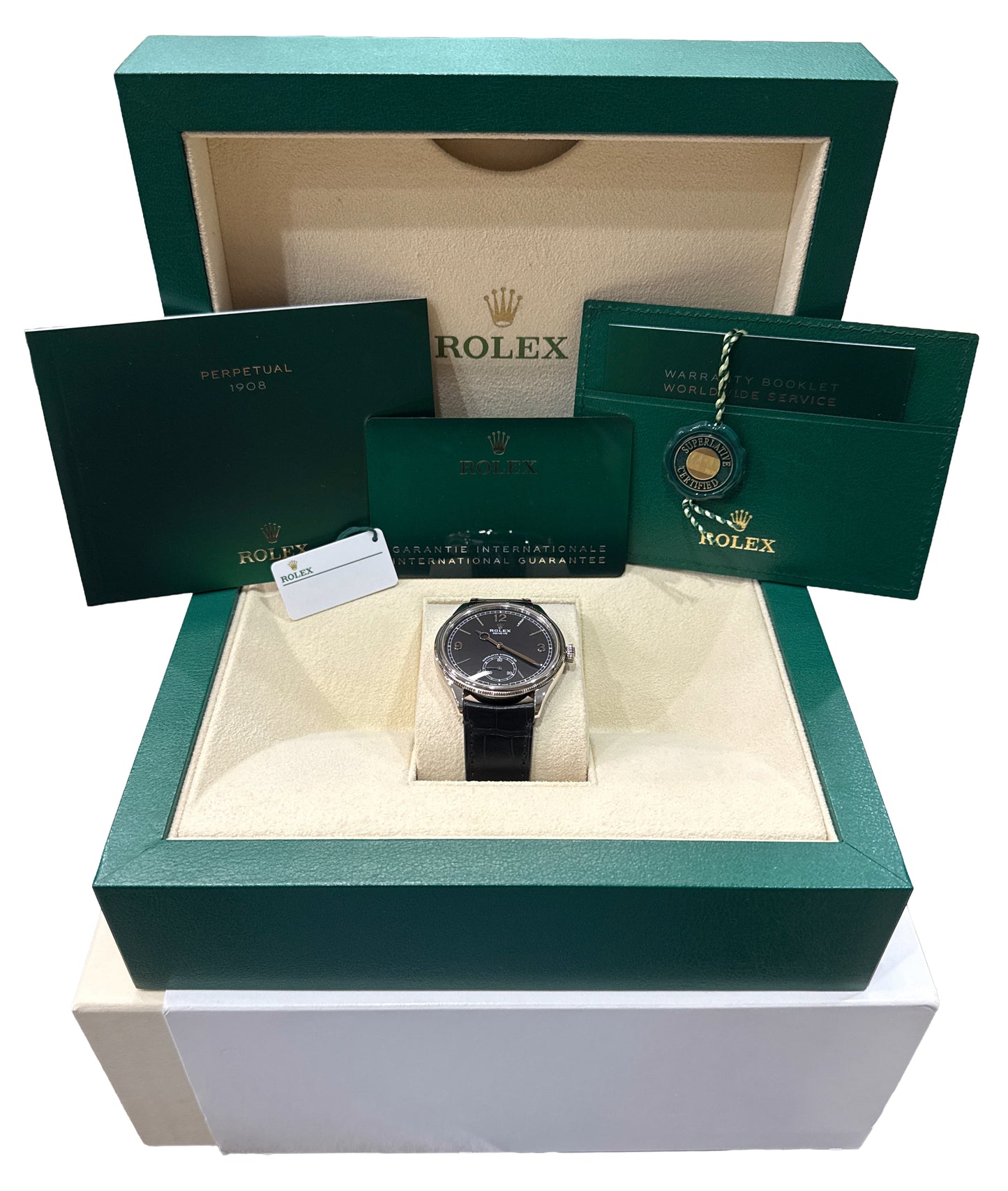 2025 PAPERS Rolex 1908 RHODIUM Gray 18K White Gold Leather 39mm 52509 Watch BOX