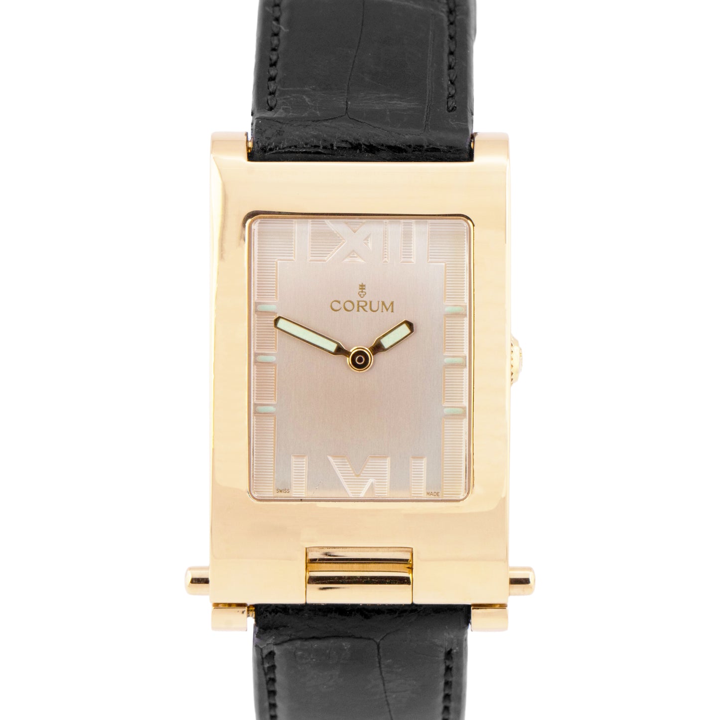 MINT Corum Tabogan 18K Yellow Gold Quartz Silver Dial 64.151.56 Flip-Up Watch