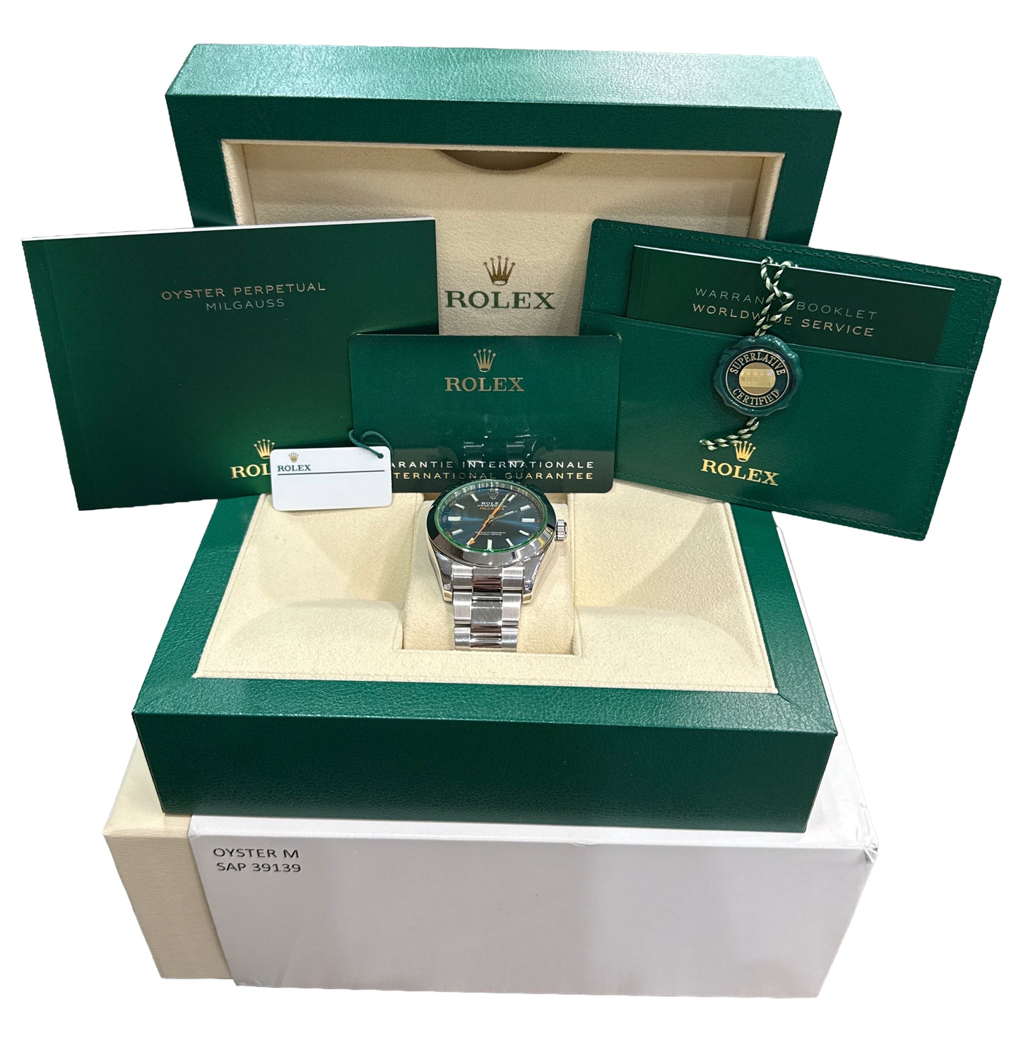 2021 PAPERS Rolex Milgauss BLUE 40mm Z-Blue Green 116400 GV Stainless Watch BOX