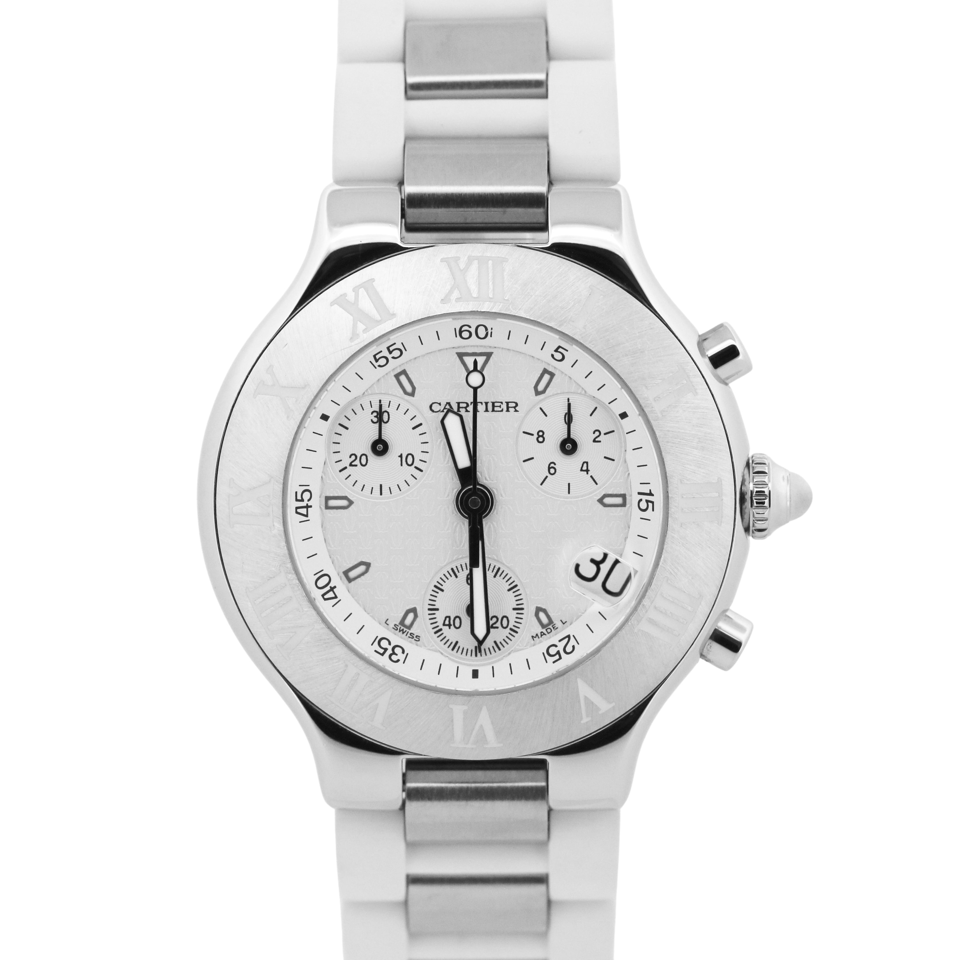 カルティエ クロノグラフ21 Cartier 21 Chronoscaph Chronograph Quartz WHITE 38mm Steel RUBBER