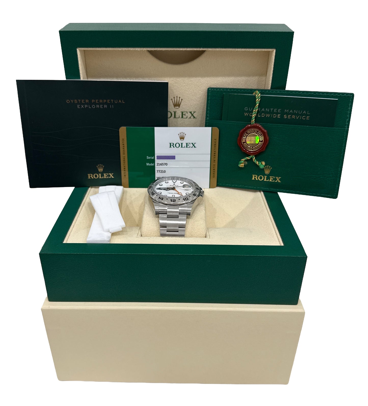 PAPERS Rolex Explorer II 42mm 216570 POLAR WHITE Steel Orange GMT Date Watch BOX