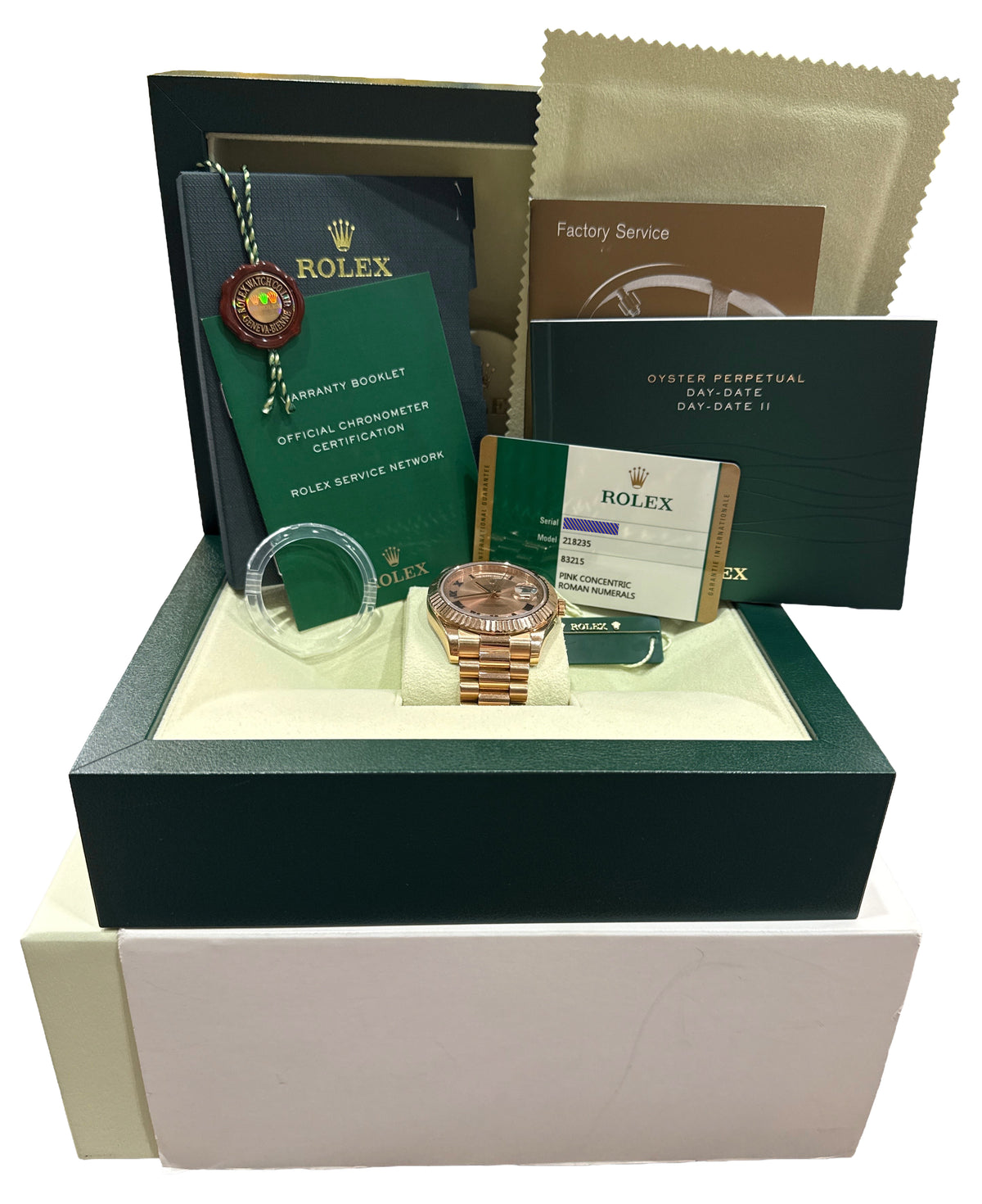 Rolex Day-Date II 218235 41mm President Pink Concentric Roman 18K Box Papers