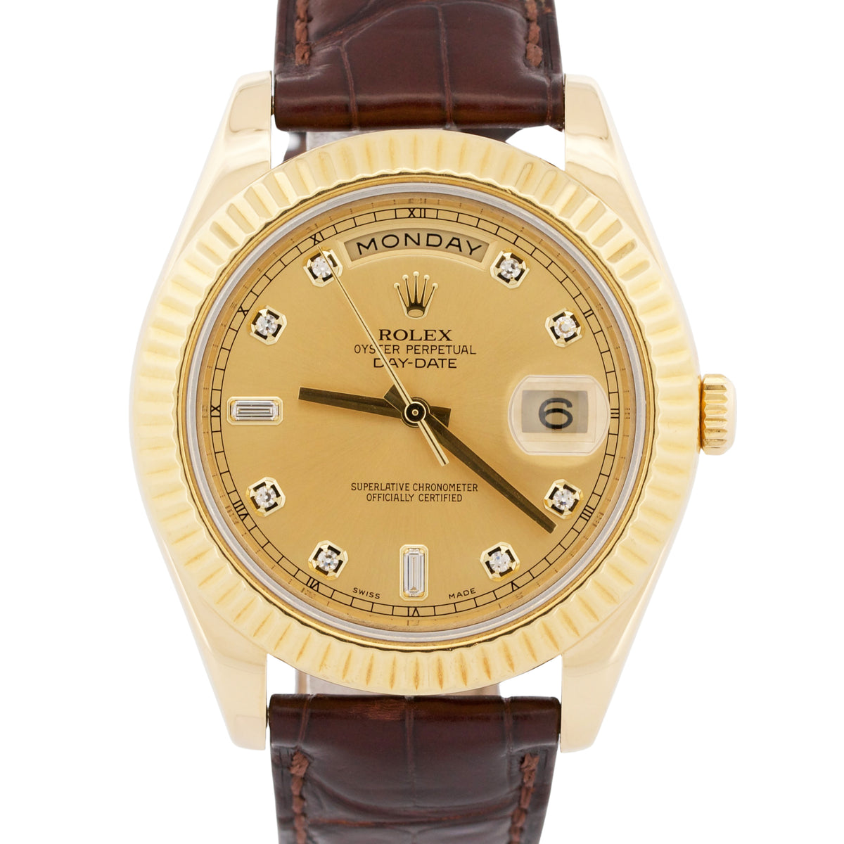 Rolex Day-Date II 218238 Champagne Diamond 18K Yellow Gold Leather 41mm Watch