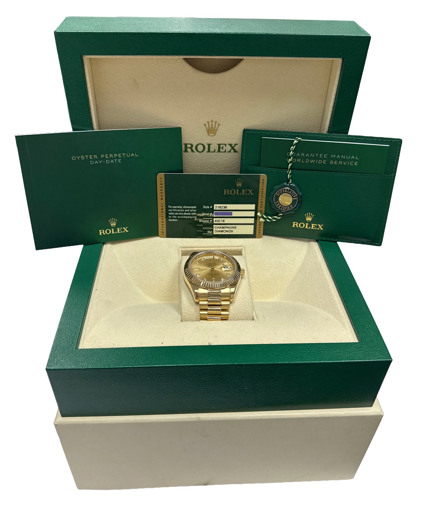 2013 PAPERS Rolex Day-Date II 41mm CHAMPAGNE DIAMOND 18K Yellow Gold 218238 BOX