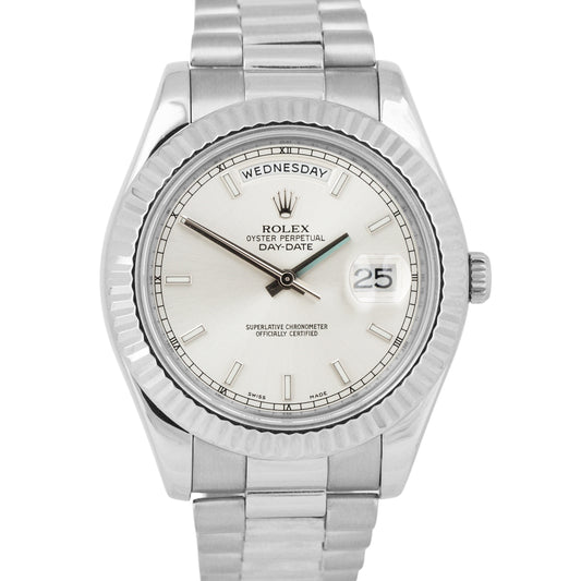 Rolex Day-Date II President 41mm SILVER 18K White Gold Fluted Watch 218239 BOX