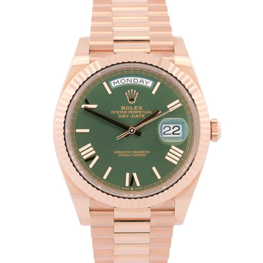 2025 PAPERS Rolex Day-Date President 40mm OLIVE GREEN 18K Rose Gold 228235 BOX