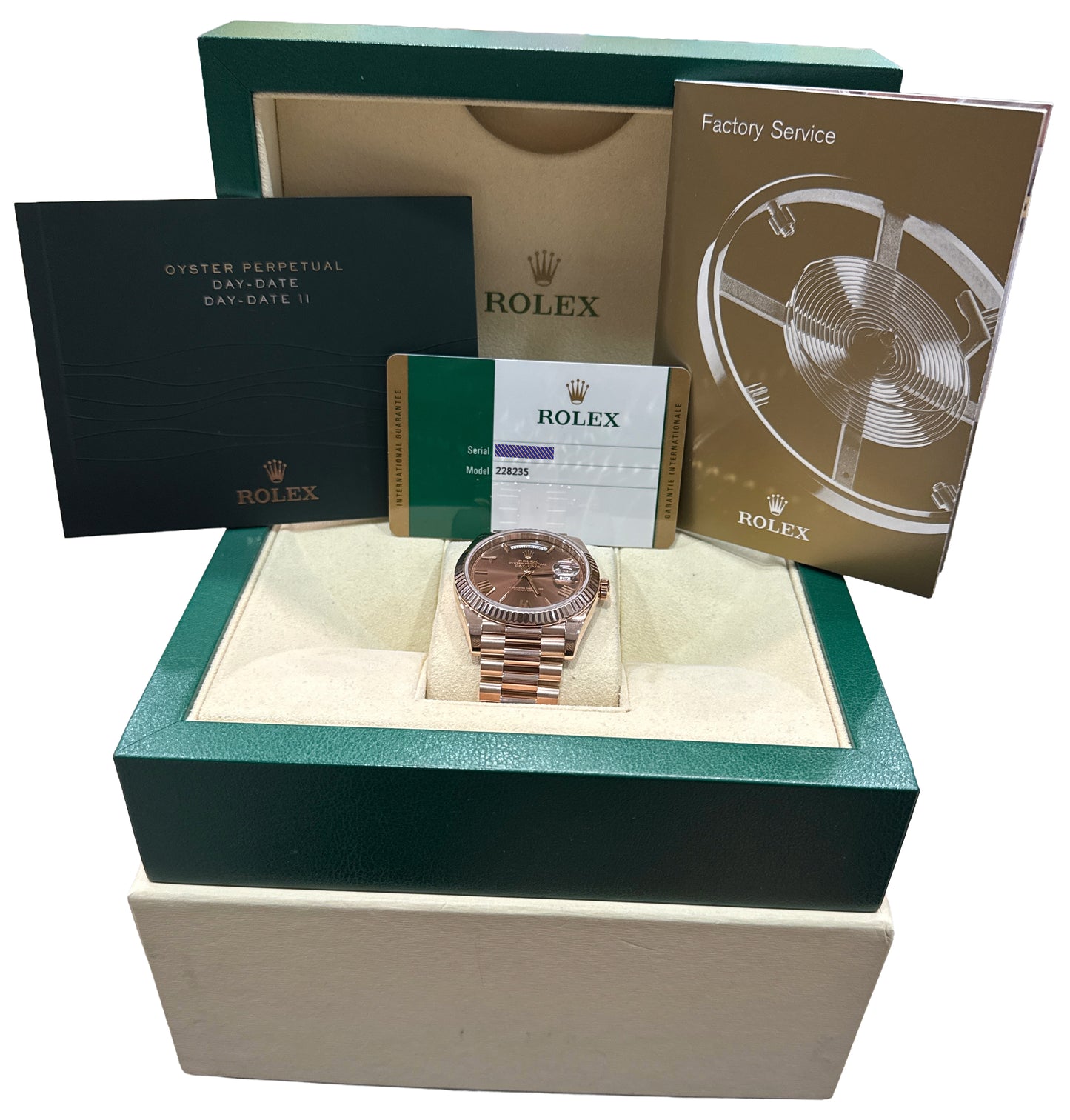 PAPERS Rolex Day-Date President 40mm CHOCOLATE ROMAN Brown 18K Gold 228235 BOX