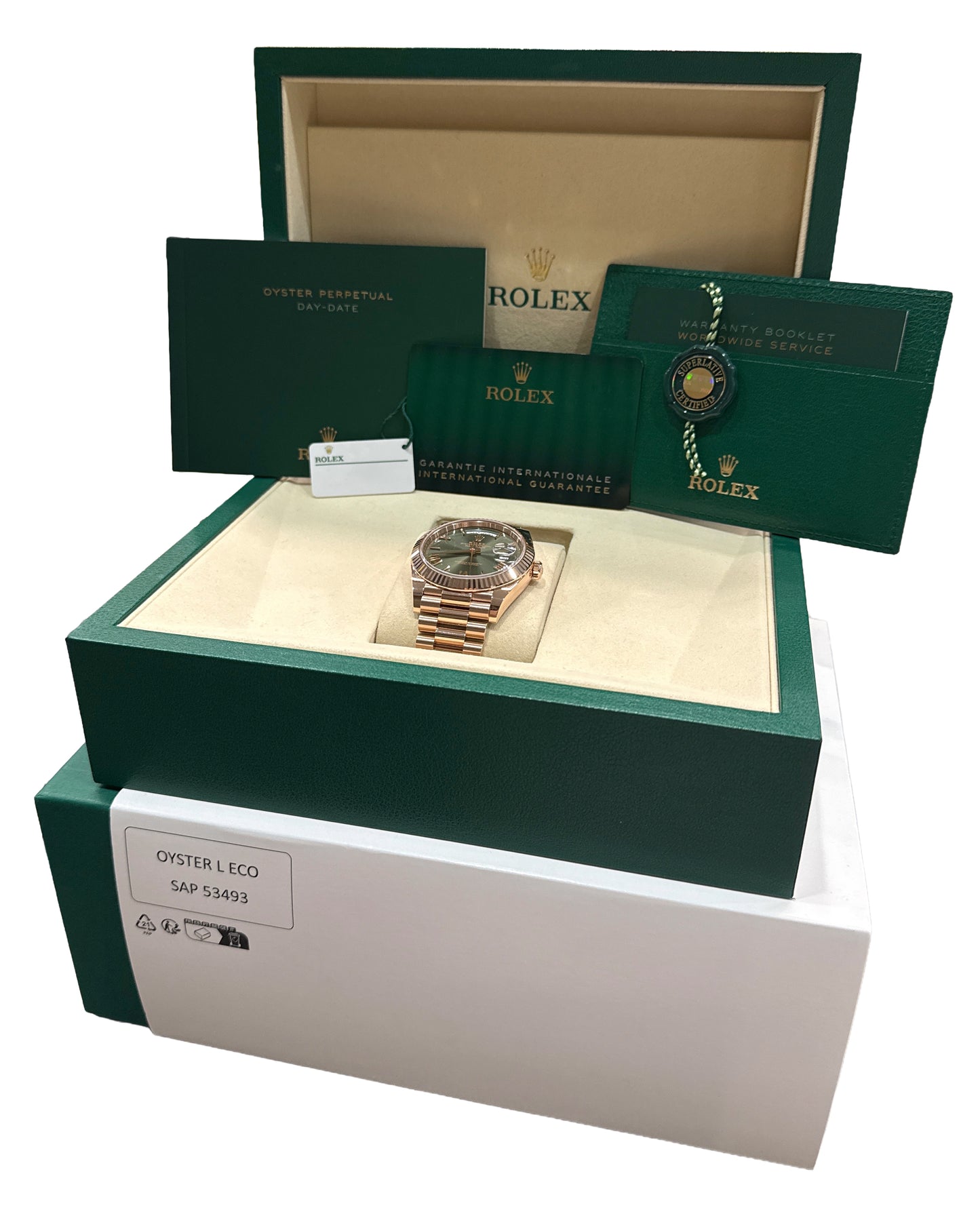 2025 PAPERS Rolex Day-Date President 40mm OLIVE GREEN 18K Rose Gold 228235 BOX