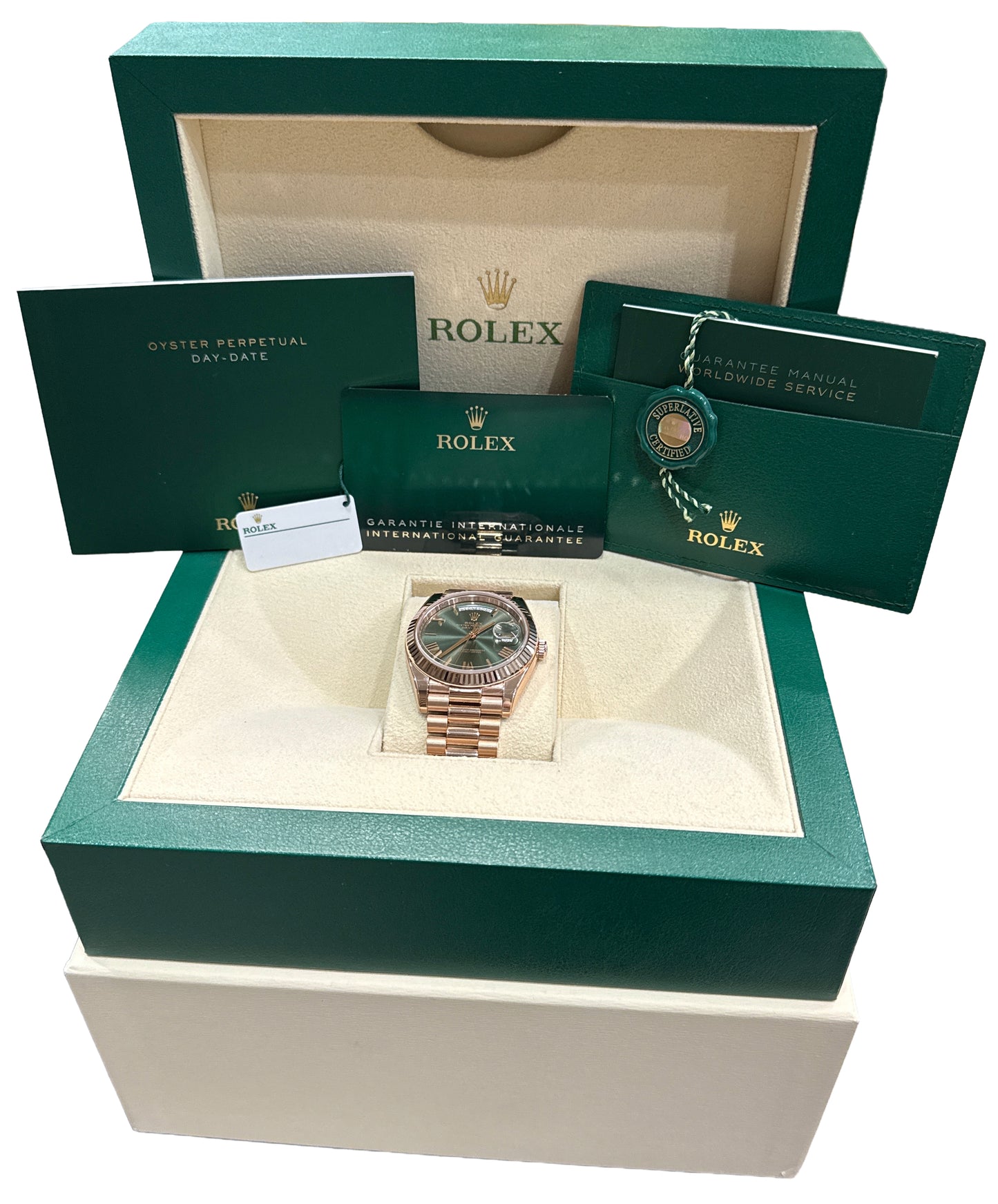 2024 PAPERS Rolex Day-Date President 40mm OLIVE GREEN 18K Rose Gold 228235 BOX