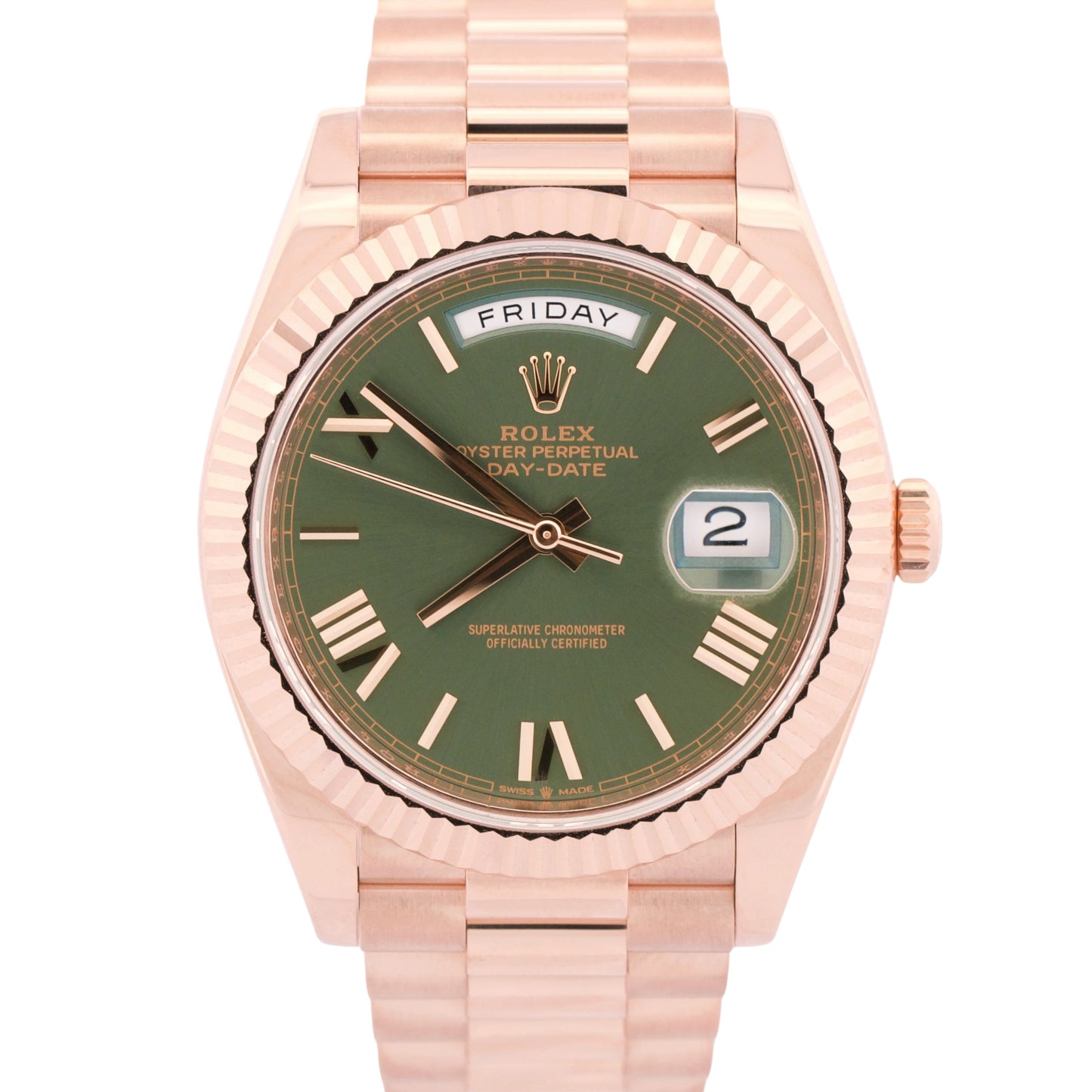 Rolex Day-Date President 40mm OLIVE GREEN ROMAN 18K Rose Gold Fluted 228235