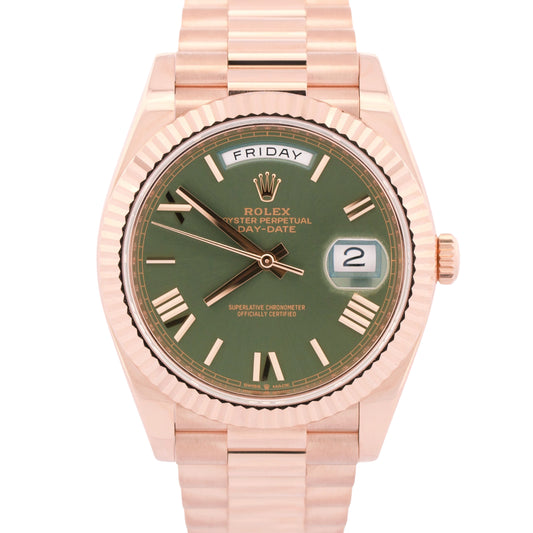 Rolex Day-Date President 40mm OLIVE GREEN ROMAN 18K Rose Gold Fluted 228235
