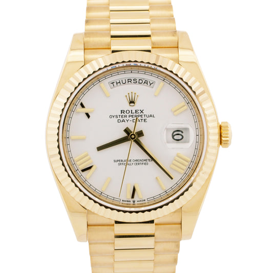 PAPERS Rolex Day-Date President 40mm WHITE ROMAN 18K Gold Fluted 228238 BOX