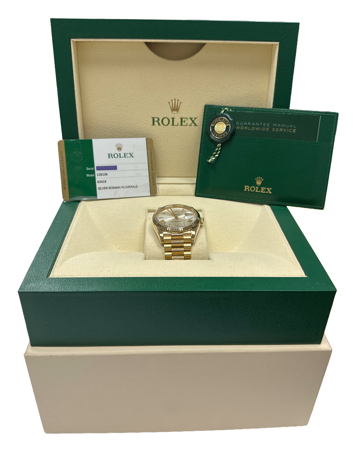 Rolex Day-Date President 228238 Silver Roman 18K Yellow Gold 40mm Box Papers
