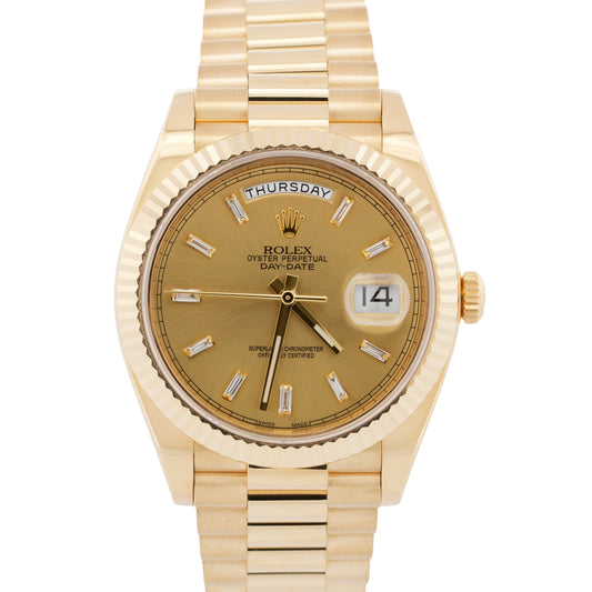 Rolex Day-Date President 40mm CHAMPAGNE BAGUETTE DIAMOND 18K Gold 228238 BOX