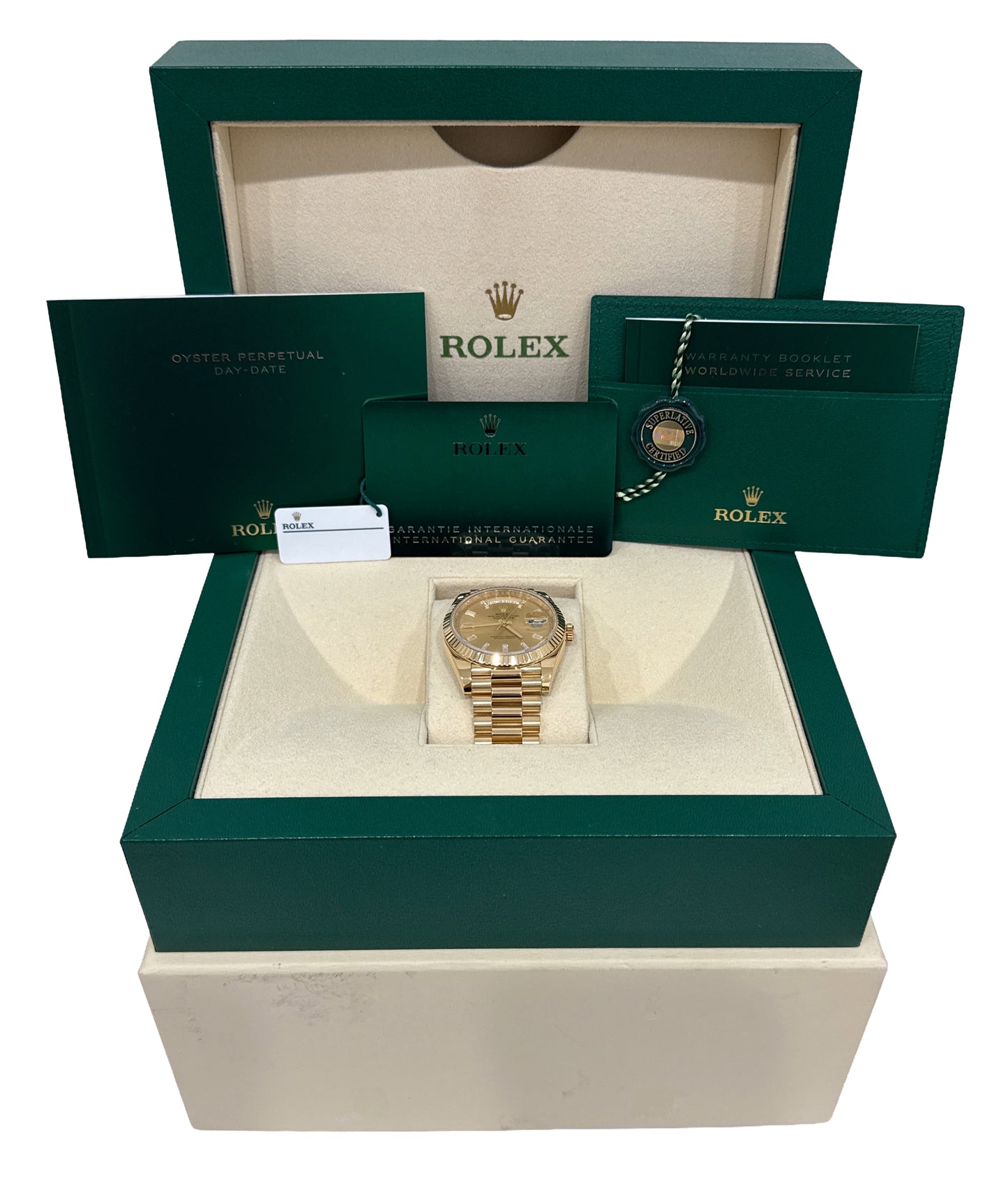 2021 PAPERS Rolex Day-Date President 40mm CHAMPAGNE BAGUETTE 18K Gold 228238 BOX
