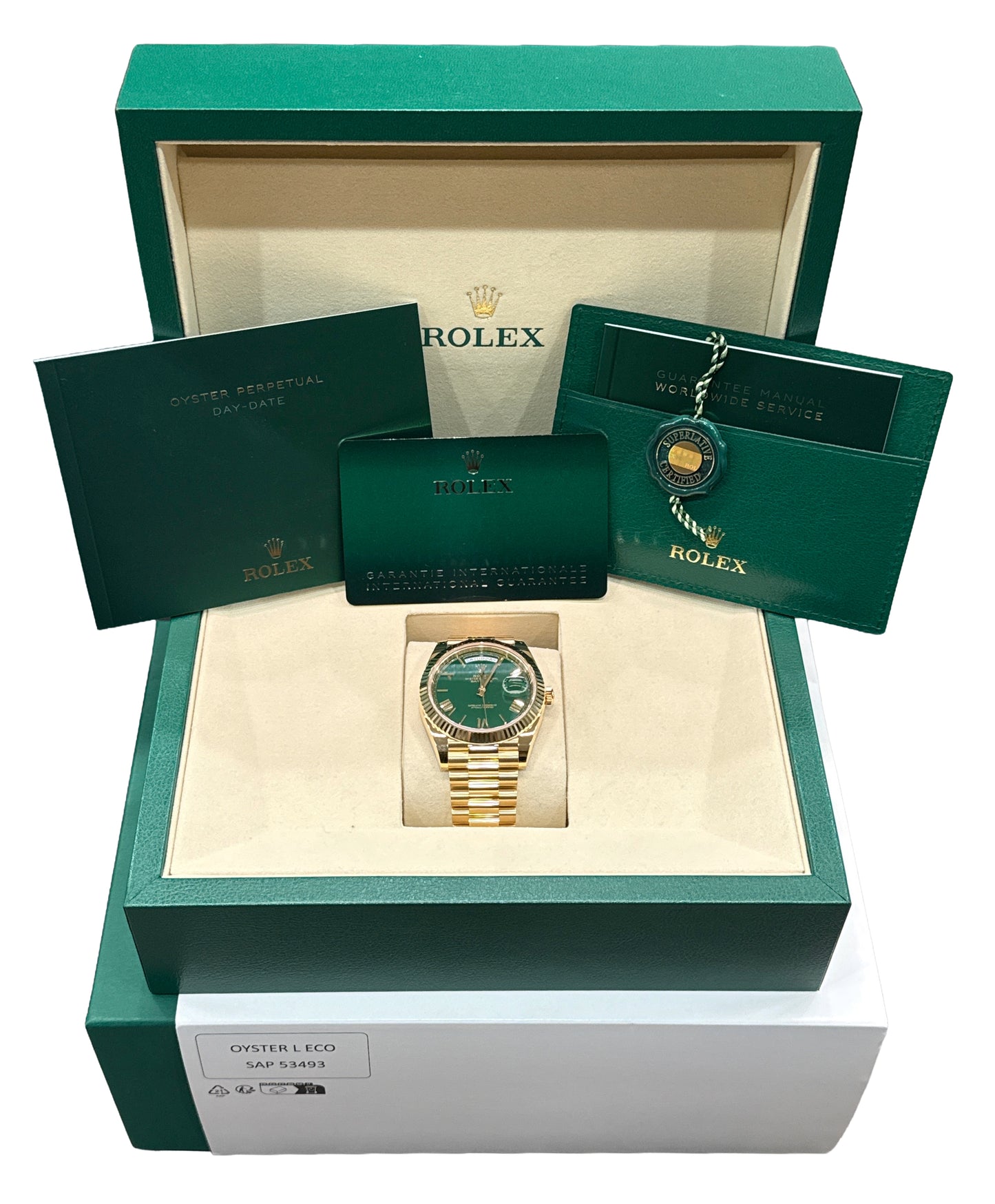 NEW 2025 PAPERS Rolex Day-Date President 40mm GREEN ROMAN 18K Gold 228238 BOX