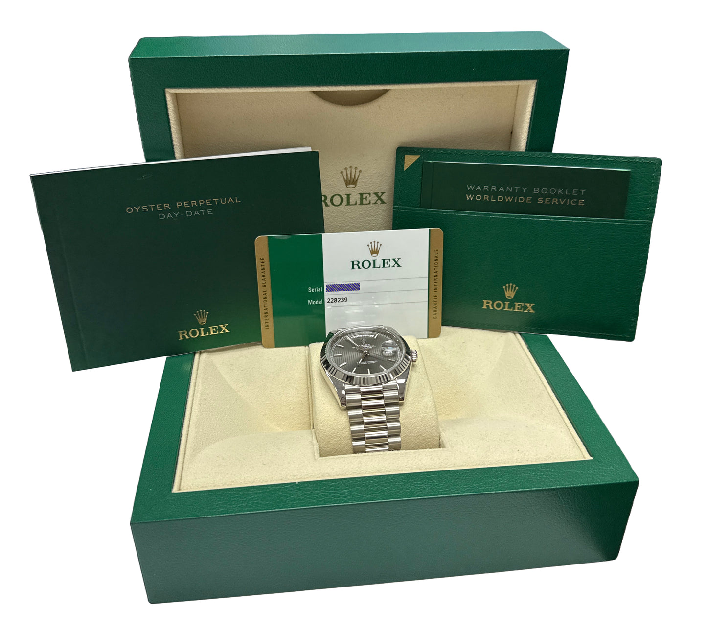MINT PAPERS Rolex Day-Date President GRAY TAPESTRY 18K Gold 40mm 228239 BOX